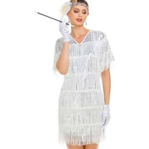 SILVER & WHITE Fringe Elegant & Fancy Dress. A Party Dress & A Costume Gown
